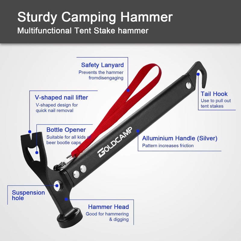 GoldCamp 8 Pack Tent Stakes and Hammer with Canvas Storage Bag, Heavy Duty Camping Stakes for Outdoor Tent & tarp-Essential Accessories, Carbon Steel Aluminum Camping Hammer for Hiking Kit - Image 3